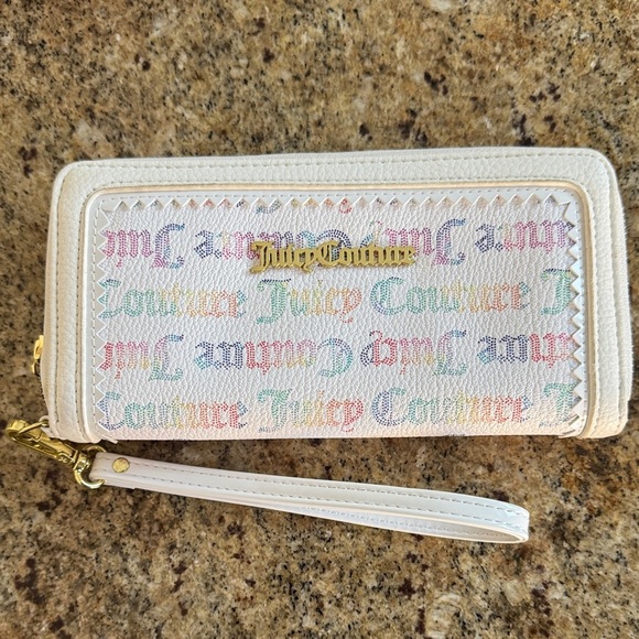 Juicy Couture white faux leather rainbow dots logo zipper wristlet wallet. New. - Picture 1 of 6